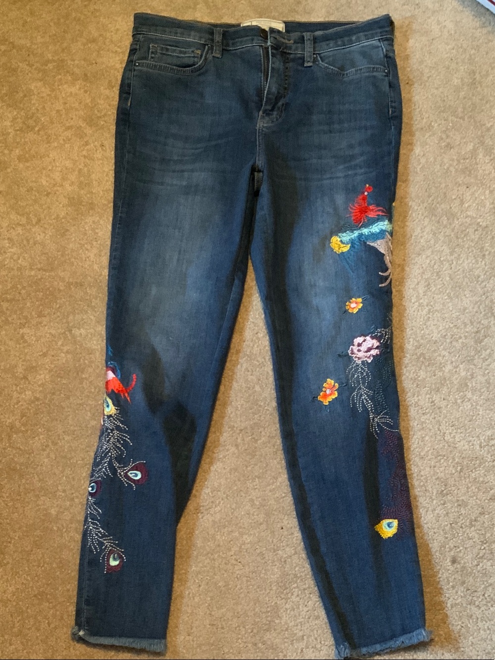 Free People Dark Blue Skinny Jeans with Multicolor Embroidered Birds & Florals